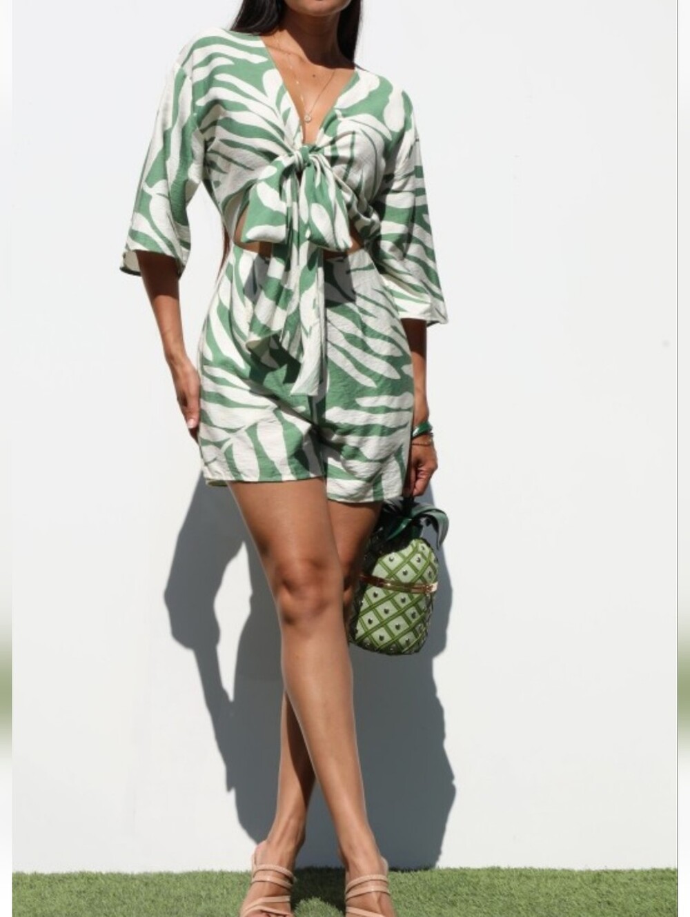 Green and White Tropical Tie-Front Romper NWT